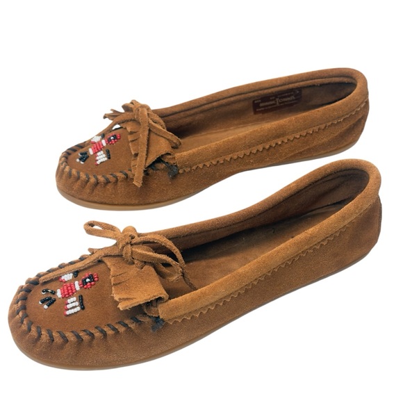 Minnetonka Brown Suede Moccasins with Beaded Thunderbird Accents Sz 10 - Picture 4 of 10
